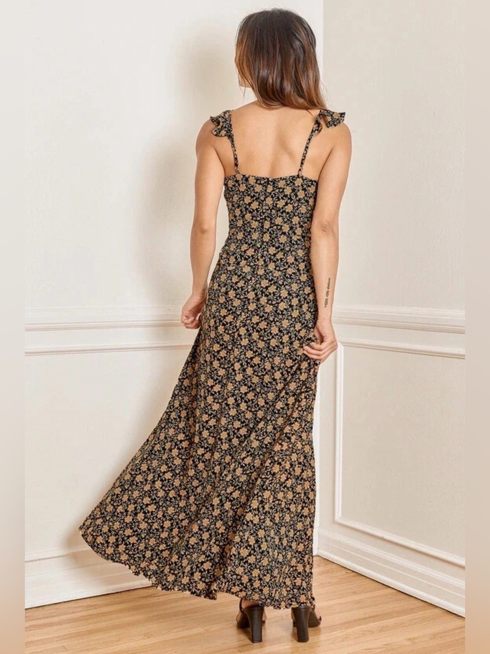 Lulu's Black Maxi Dress with Golden Yellow Floral Print and Tie Front - Picture 2 of 7